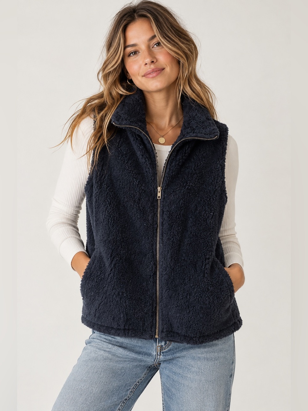 Everly All Black Soft Fuzzy Knit Zipup‎ Vest